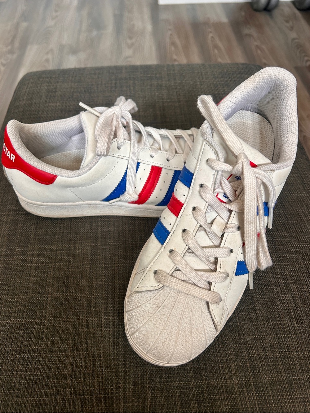 Adidas Americana Superstar White Sneakers with Red and Blue Stripes